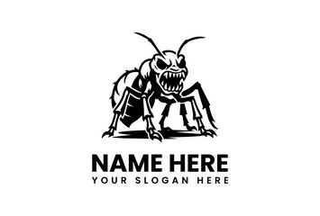 Black and white illustration of an aggressive insect with sharp teeth and antennae, standing on a flat surface with a bold text placeholder for a name and slogan on a clean white background.