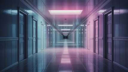 Cinematic Liminal Space Endless Hallway with Doors