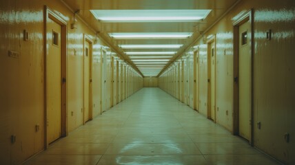 Quiet Endless Hallway with Repeating Doors Dreamlike Scene