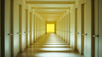 Surreal Interior Hallway with Repeating Doors Pattern