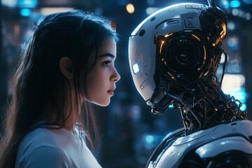 A young woman is facing an AI robot, both of them looking at each other with the same expression on their faces