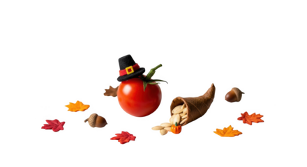 Red tomato wearing pilgrim hat with cornucopia spilling seeds and autumn leaves png isolated transparent background