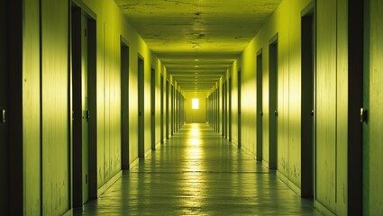 Liminal Endless Hallway with Doors and Quiet Atmosphere