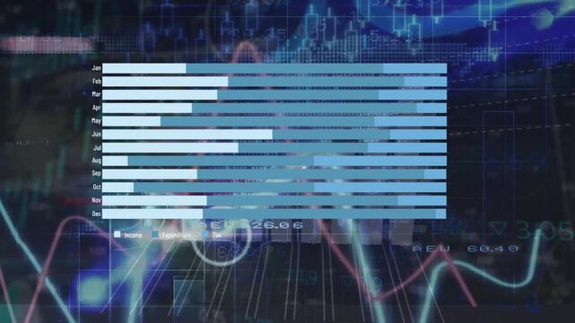 Digital video shows animated financial graphs over binary code with global network concept.