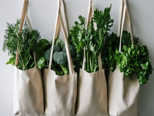Four reusable shopping bags filled with fresh green vegetables like broccoli, dill, parsley, and lettuce hang against a white wall, promoting a healthy and sustainable lifestyle