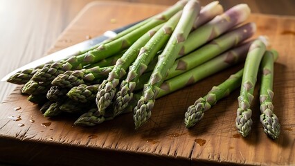 A fresh bundle of organic green asparagus rests on a rustic wooden background, providing a healthy raw ingredient for gourmet vegetarian cooking and natural nutrition