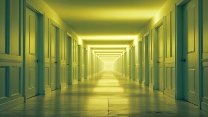 Liminal Corridor with Infinite Doors and Soft Yellow Light