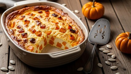 Delicious homemade baked pumpkin pie served on a white plate as a fresh gourmet dish alongside tasty Italian pizza crust with mozzarella cheese for a festive dinner meal