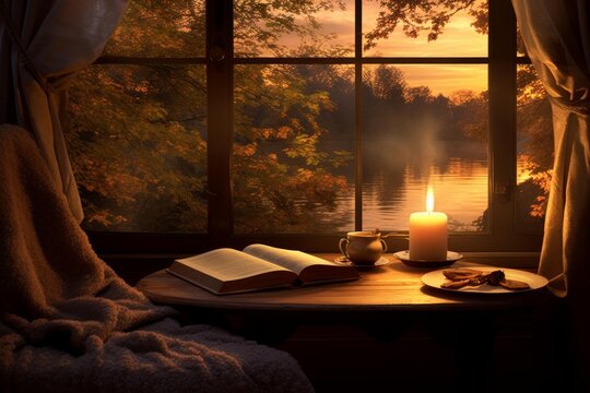 Cozy indoor scene with an open book, warm candle, and soothing lake sunset view from window