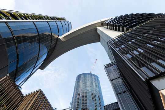 Looking up at city high rise buildings