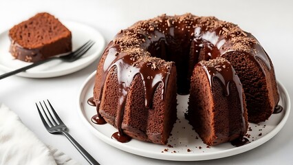 A delicious slice of baked dark chocolate cake with nuts and cocoa icing sits on a white plate, creating a tasty sweet dessert piece from a professional bakery