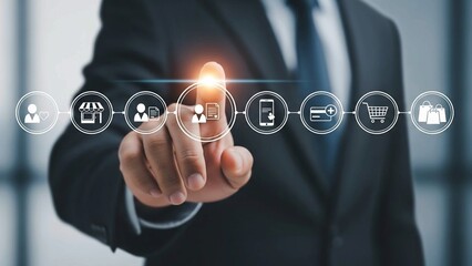 Hand Interacting with Digital Online Shopping Process Icons in Futuristic Interface