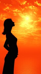 Pregnant woman silhouette holding her belly, reflecting on impending motherhood at sunset