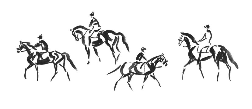 Abstract silhouette drawing of race horse and jockey, hand drawn watercolour sketch