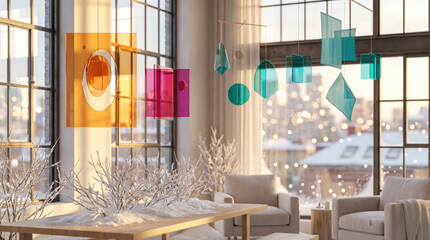 Modern living room with abstract geometric decor in a minimalist space