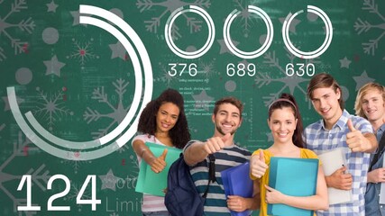 Animation of diverse students over data processing and snowflakes on green background - Powered by Adobe