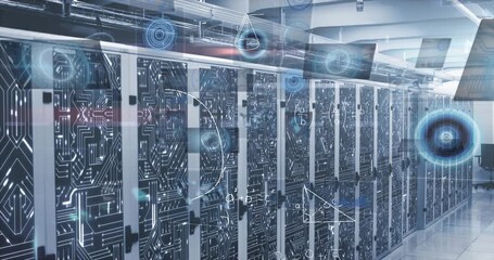 Animation of infographic interface, mathematical equations and lens flare over server room - Powered by Adobe