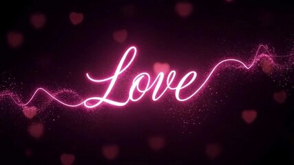 Glowing pink neon love text with heartbeat line and floating hearts background