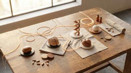 Wooden anatomical models on a table with strings