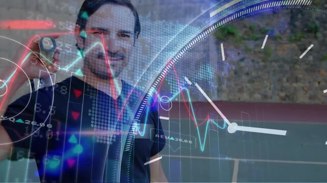 Animation of network of connections over tennis player on the court