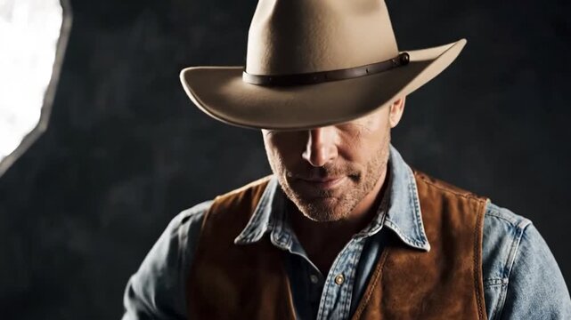 A man in a cowboy hat and vest, partially obscuring face, dark background