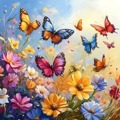 Colorful butterflies and flowers in a vibrant garden