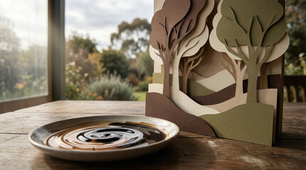 Wooden Table with Cutout Tree Art and Coffee Plate