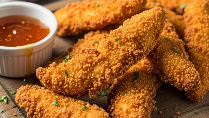 Crispy golden fried chicken strips served with a sweet tangy dipping sauce on a rustic wooden board