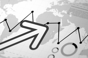 International business trends economic success, rising line chart prominent upward arrow overlaid on world map isometric selective focus