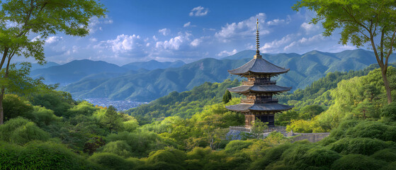 Serene Temple Amidst Verdant Hills A captivating shot of an ancient temple, nestled harmoniously amidst rolling hills, where nature and architecture blend seamlessly under a clear sky.