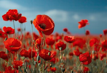 Fototapeta premium Close-up of vibrant red poppies blooming in a field, with a bright blue sky in the background