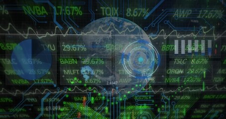 Animation of stock market data processing over globe against microprocessor connections - Powered by Adobe