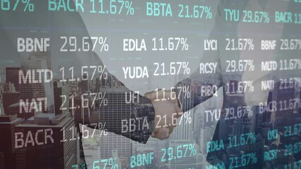 Animation of financial data processing and statistics over businessman handshake and cityscape - Powered by Adobe