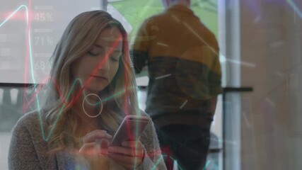 Animation of financial data processing and statistics over woman using smartphone - Powered by Adobe