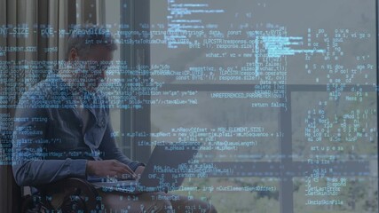 Animation of data processing over caucasian senior man using laptop at home - Powered by Adobe