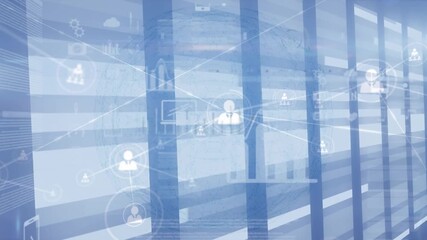 Animation of network of profile icons and data processing against light trails over server room - Powered by Adobe