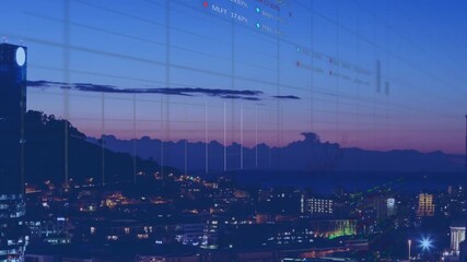 Animation of stock market data processing over aerial view of cityscape at night - Powered by Adobe