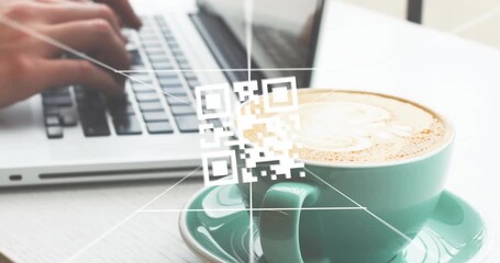 Animation of qr code, data processing and networks over man using laptop - Powered by Adobe