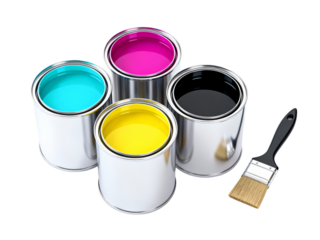 CMYK Paint Cans with Brush on White Background