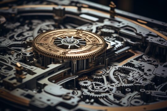 Intricate watch mechanism showing gears, springs, and cogs operating with precision and complex design - Powered by Adobe