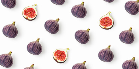 Fig fruits pattern isolated on white background. Minimalist repeat composition with fresh whole and sliced figs