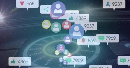 Animation of social media icons floating over interface with data processing and light spot - Powered by Adobe