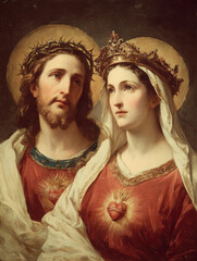 Sacred Hearts of Jesus and Mary &ndash; Devotional Religious Art. AI generative.