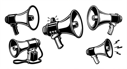 Dynamic collection of vintage and retro megaphone illustrations, perfect for graphic design projects needing an impactful announcement, clear public address, or a strong communication concept