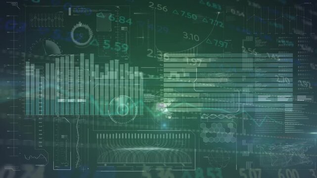 Animation of graphs, radar, globe, loading bars, dan helix over trading board on abstract background
