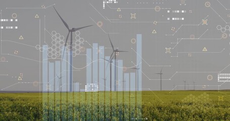 Animation of statistical data processing over spinning windmills on grassland against grey sky - Powered by Adobe