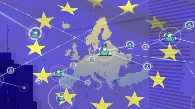 Animation of network of profile icons and data processing against waving eu flag and map