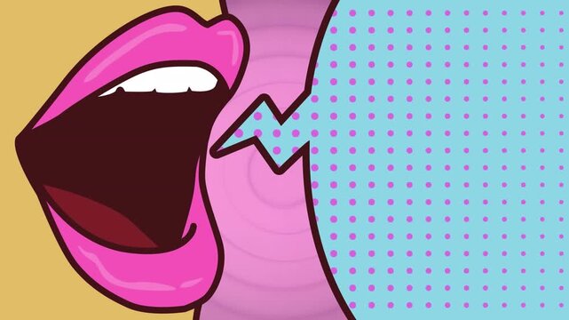 Animation of woman's lips over retro pattern on pink circles background