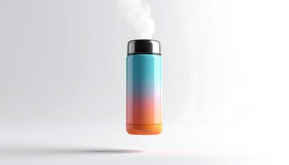 Floating, gradient-colored thermal bottle releasing vapor against a white backdrop
