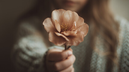 淡いくすみカラーの一輪の花を、そっとカメラの方へ差し出している少女の手元、メッセージ
